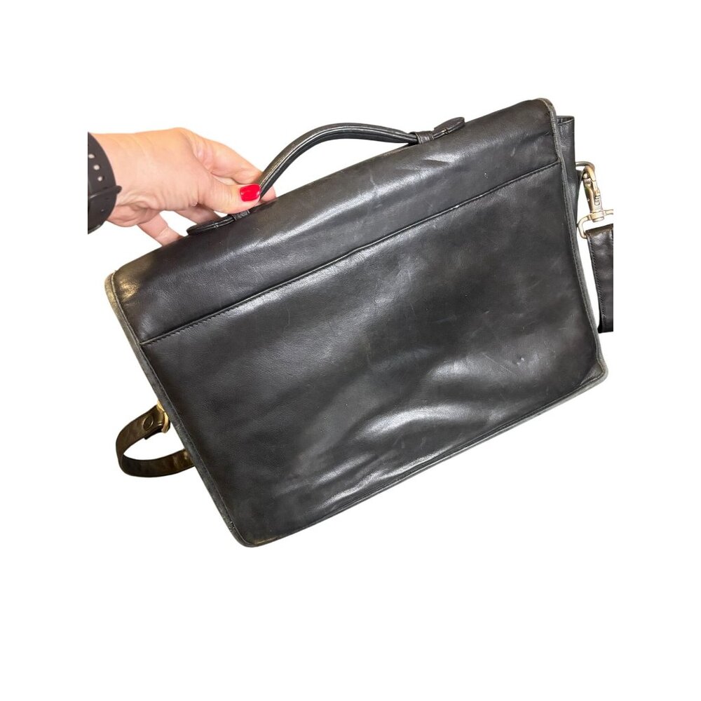Vintage Black Leather Briefcase With Shoulder Strap Silver Clasp - Picture 2 of 15